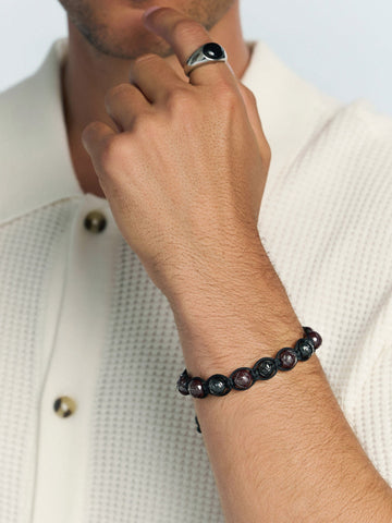 Nialaya Men's Beaded Bracelet Men's Beaded Bracelet with Black & Burgundy Ceramic Balls Men's Beaded Bracelet with Black & Burgundy Ceramic Balls